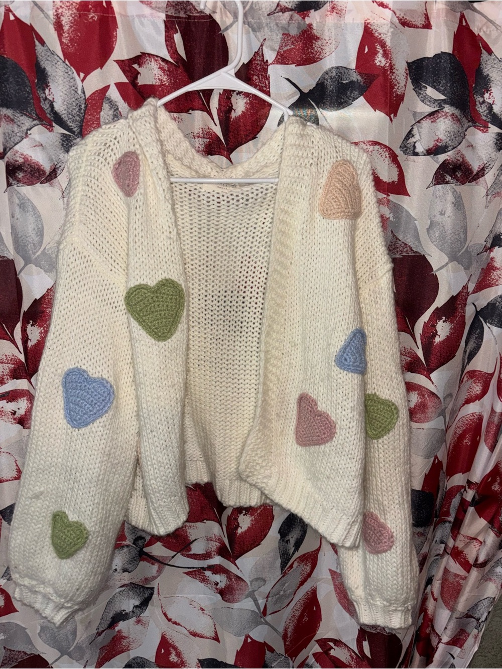 Dreamers Cream Open-Front Cardigan with Pastel Heart Appliqués